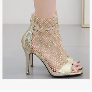 Gold leather rhinestone net pump women's heel shoes sz.38